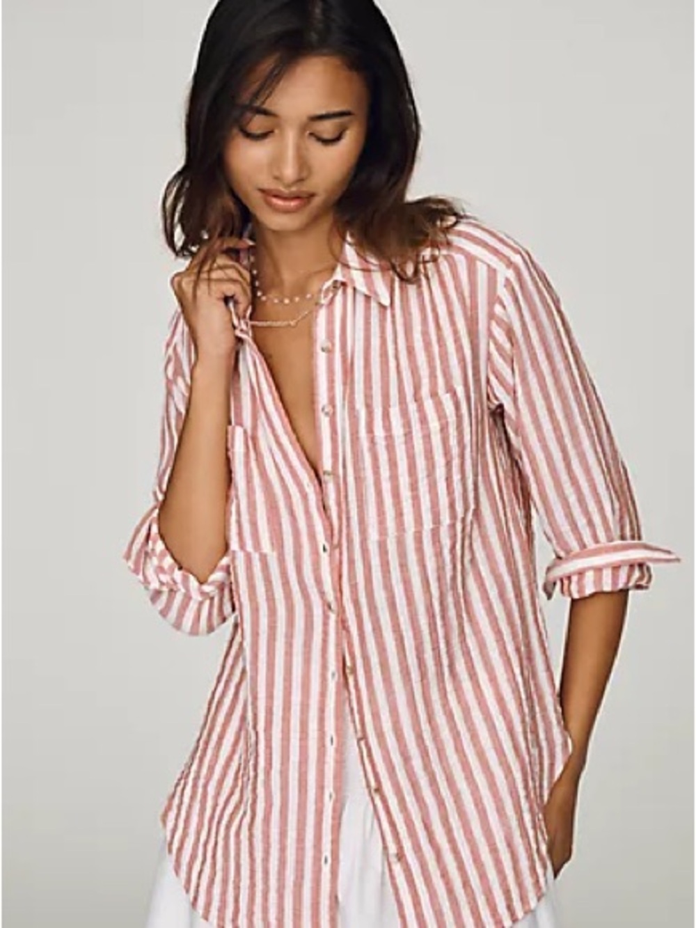 Caslon Striped Button-Up Shirt Dress in Pink and White